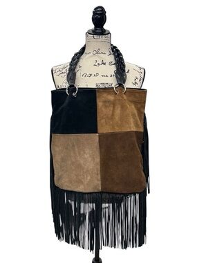 DSquared2 Brown Black Patchwork Suede Leather Fringe Crossbody Bag Purse Italy